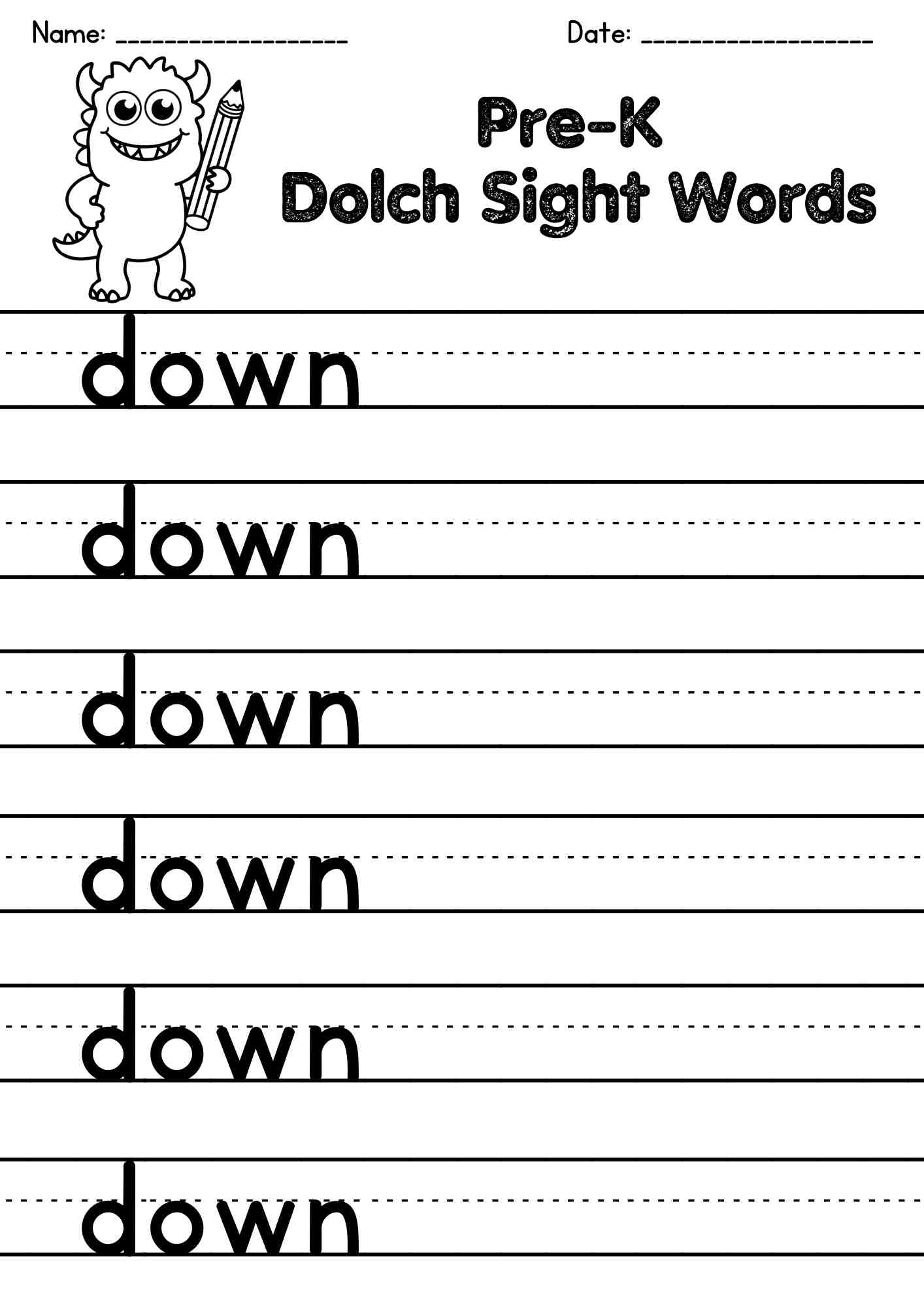 "down" Dolch Sight Word Writing Page – Free PDF Download